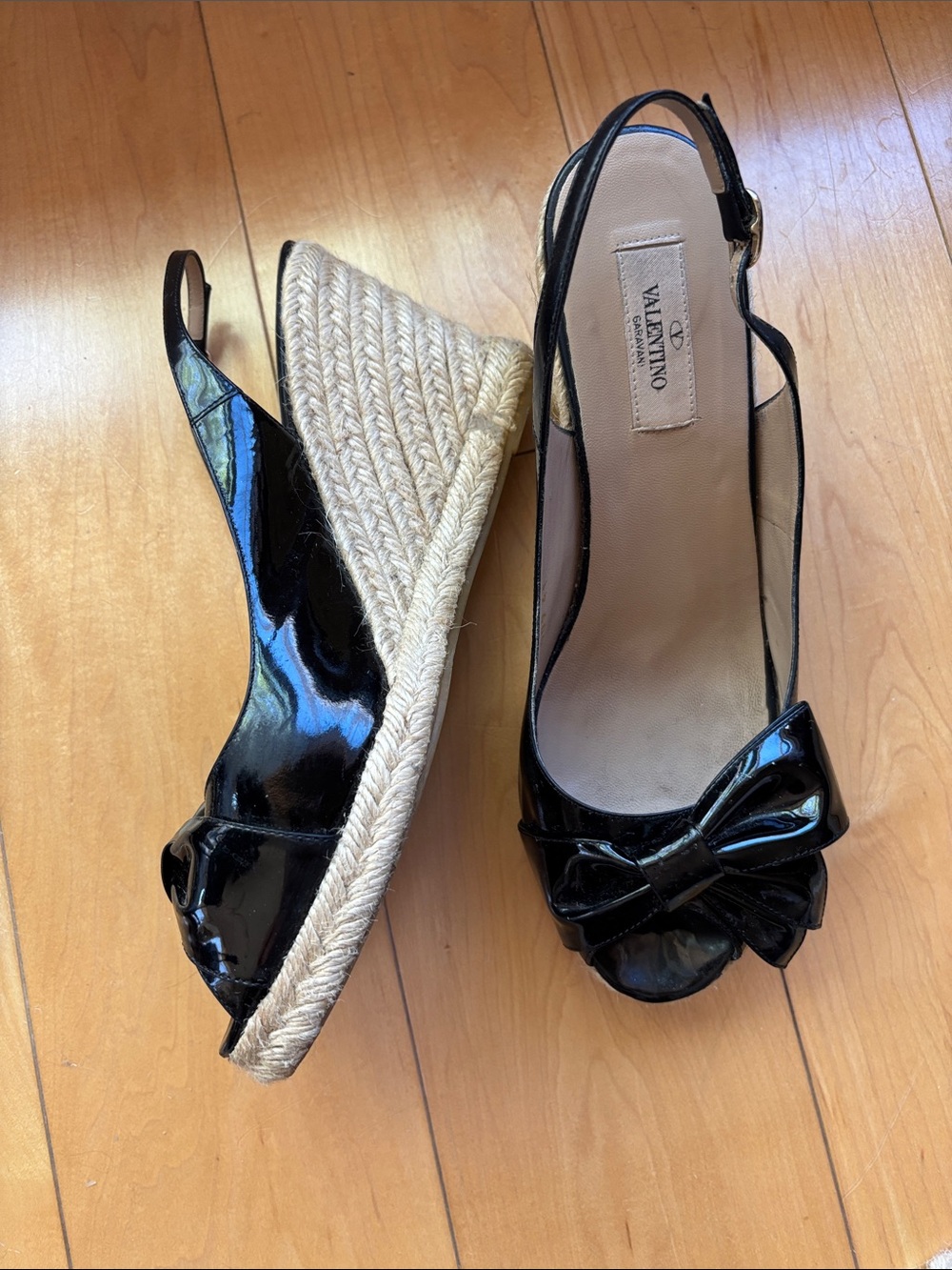 Valentino Black Patent Leather Bow Espadrille Wedges